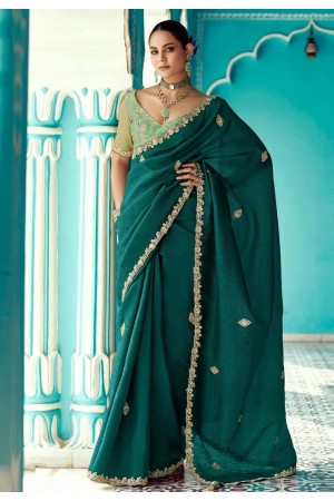 Teal organza saree with blouse 2195