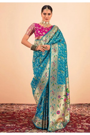 Teal silk saree with blouse 191004