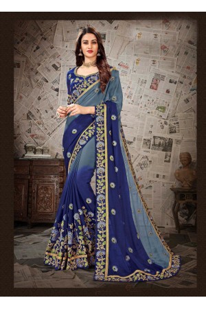 Blue  Grey Moss Chiffon Designer Party Wear Saree 65620