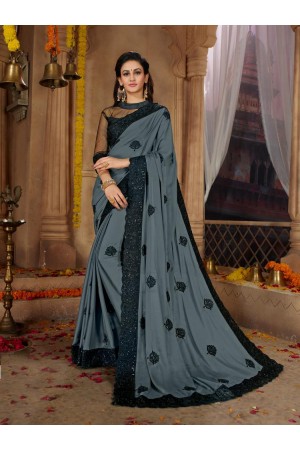 Grey Satin Georgette Designer Fancy Satin Georgette Saree 62781