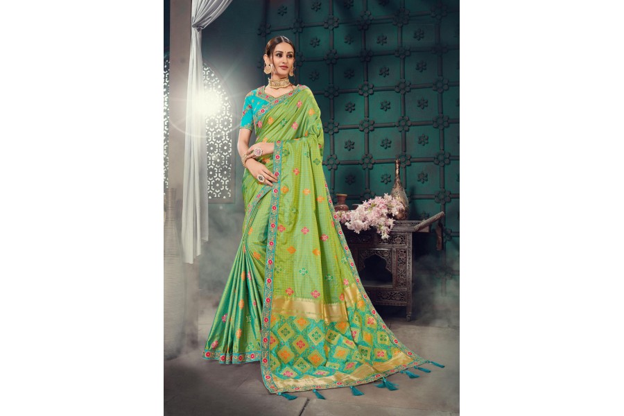 Women's Bhagalpuri Silk Green Printed Designer Saree With Blouse Piece