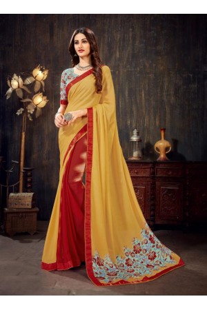 Yellow  Red Moss Chiffon Designer Casual Wear Moss Chiffon Saree 62791