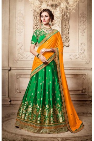 Party Wear Green Orange Lehenga 4084