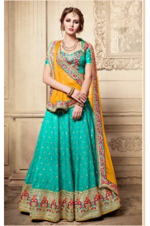 Party Wear Yellow Sea Blue Lehenga 4083