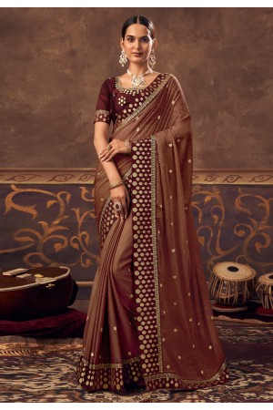 Chinon Saree with blouse in Brown colour 4804
