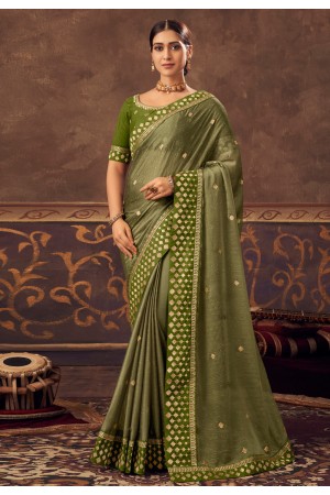 Chinon Saree with blouse in Mehndi colour 4809