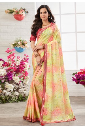 Chinon printed Saree in Light green colour 110