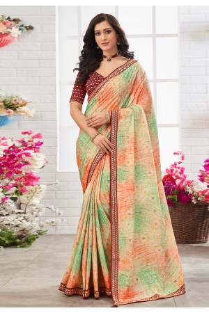 Chinon printed Saree in Sea green colour 108