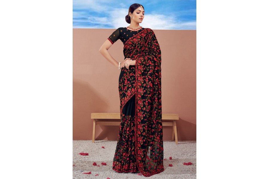 Black and Red Georgette Triangle Saree with Blouse Fabric