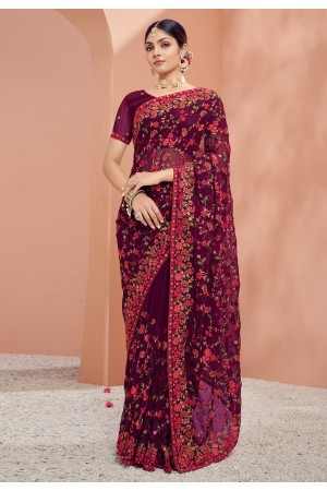 Georgette Saree with blouse in Wine colour 1331