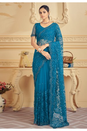 Net Saree with blouse in Blue colour 1327