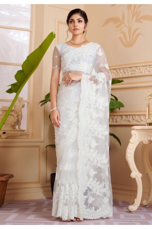 Net Saree with blouse in White colour 1321