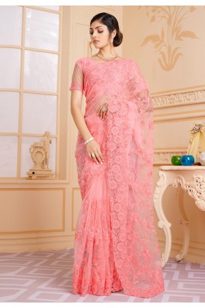 Net Saree with stone work in Pink colour 1326