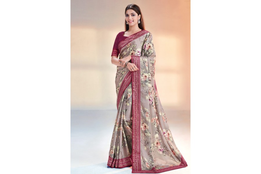 Women's Satin Beige Printed Designer Saree With Blouse Piece