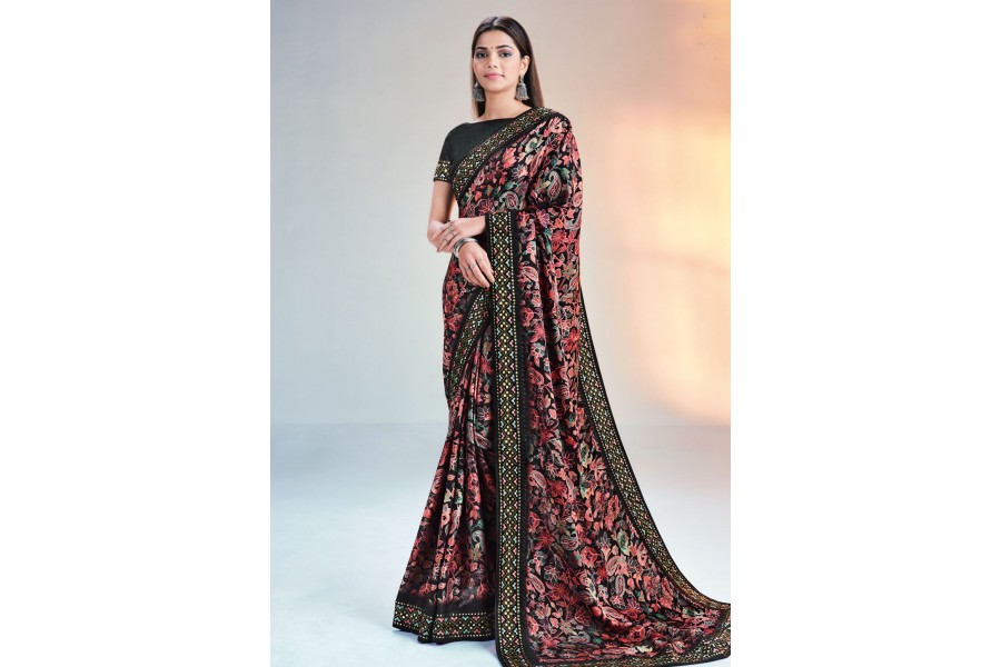 Women's Viscose Silk Black Printed Designer Saree With Blouse Piece