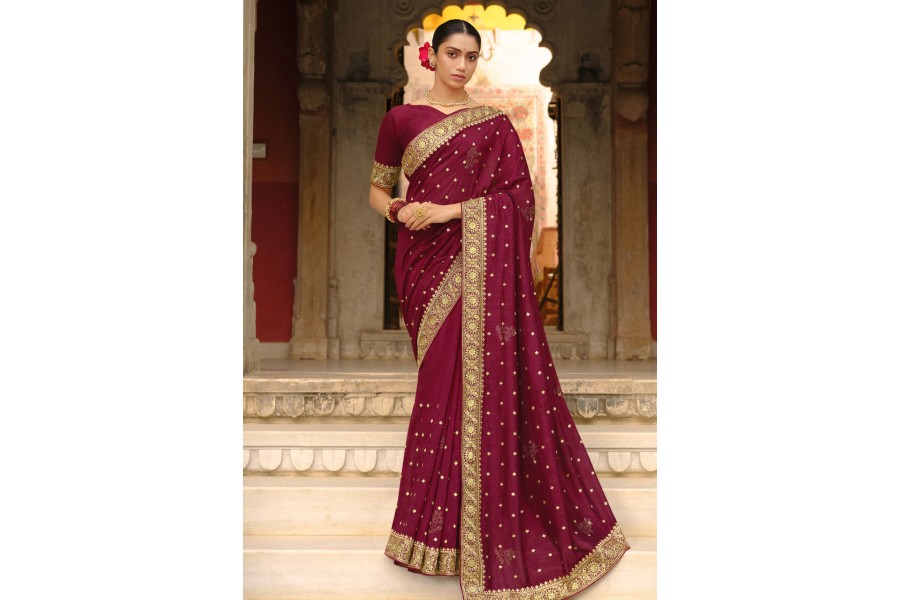 Maroon Stripe Lace Saree with Sequin and Blouse Fabric