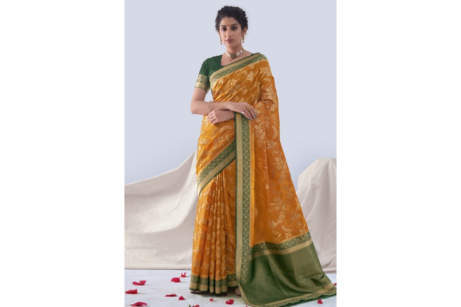 Women's Khadi Silk Mustard Printed CelebritySaree With Blouse Piece
