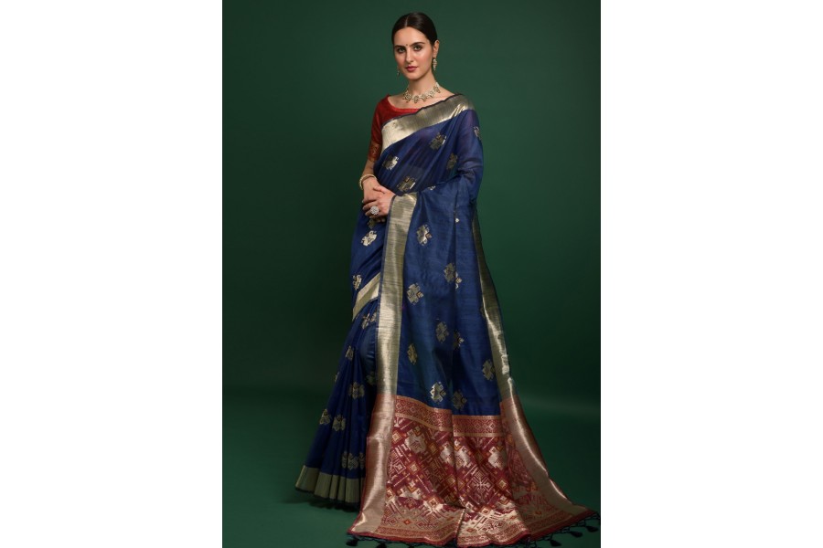 Women's Viscose Silk Navy Blue Printed Designer Saree With Blouse Piece
