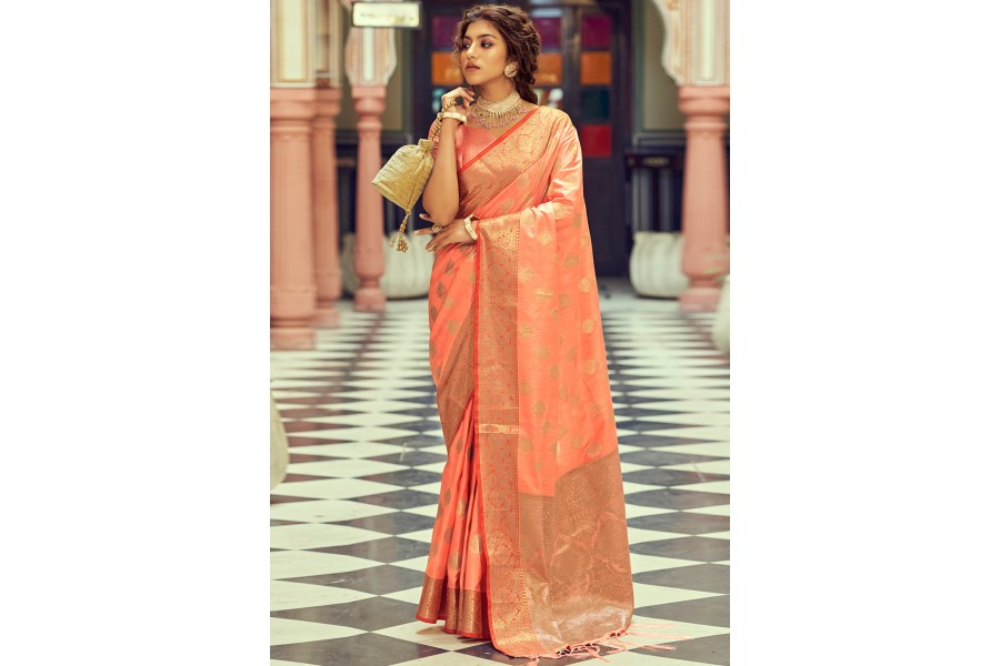 Dusty Peach Rasmalai Silk Saree with Contrast Net Embroidered Blouse