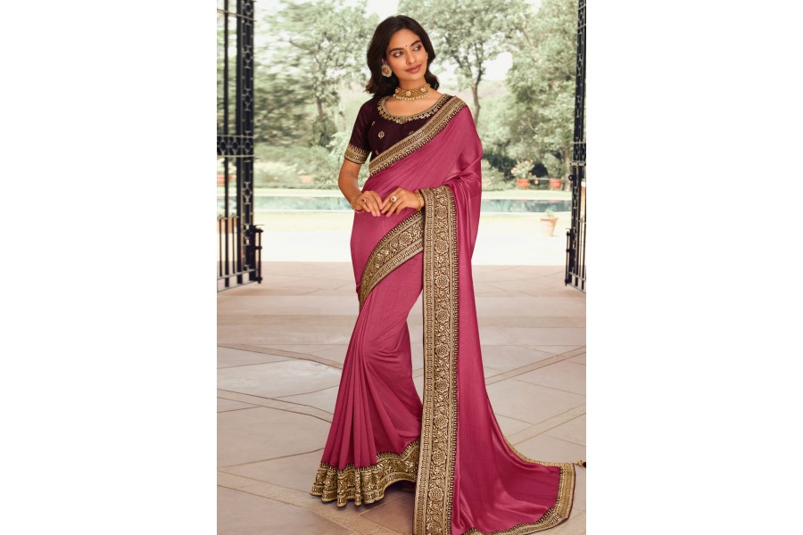 Pink and Green Designer Silk Fabric Saree with Fall & Pico Fully Stitched Blouse