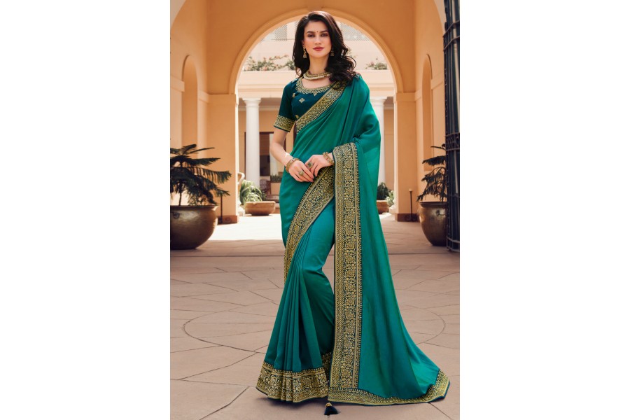 Women Sky Blue Ruffled Saree With Blouse