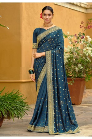 Silk Saree with blouse in Teal colour 87830