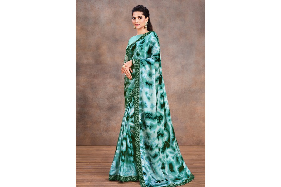 Attractive Dusty Sea Green Satin Silk Designer Wear Saree