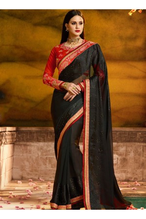 Dignified fancy fabric black patch border work classic designer saree 1169