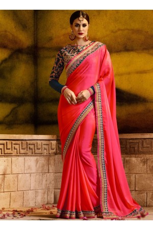 Embroidered fancy fabric party saree in hot pink 1165