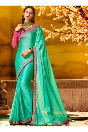 Ethnic sea green patch border work saree 1168