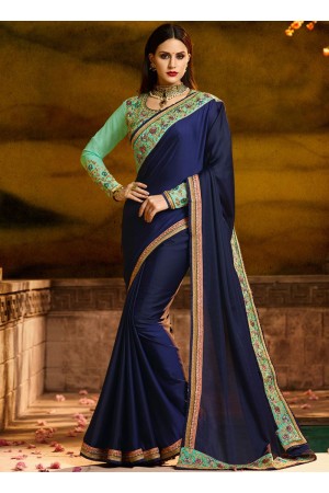 Majestic navy blue resham work party saree 1162