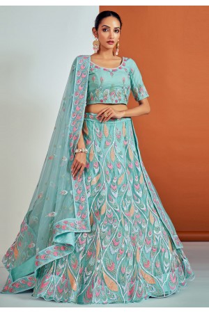 Soft net a line lehenga choli in Sky blue colour 57002