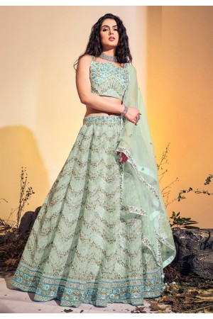 Soft net readymade circular lehenga choli in Pista green colour 62002