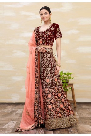 Velvet a line lehenga choli in Maroon colour 835A