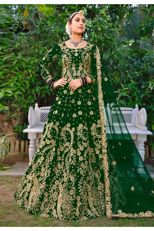 Velvet circular lehenga choli in Green colour 3072B