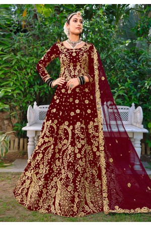 Velvet circular lehenga choli in Maroon colour 3072A