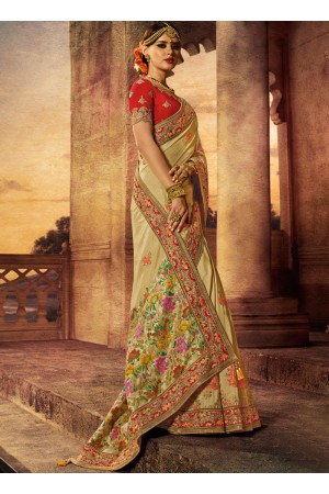 Beige and red silk wedding wear saree