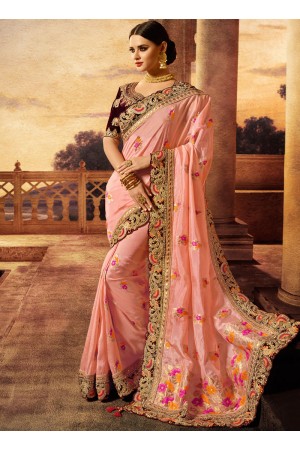 Pink color silk wedding wear saree