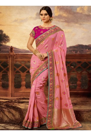 Pink color silk wedding wear saree