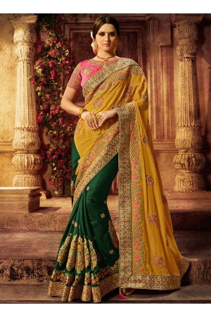 Mustard and green silk wedding saree