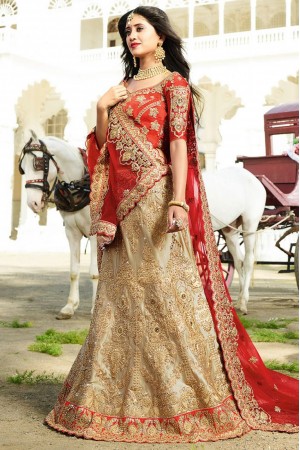 cream and red color silk wedding lehenga choli