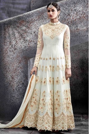 White color netted party wear anarkali kameez