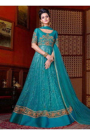 Blue color net wedding anarkali