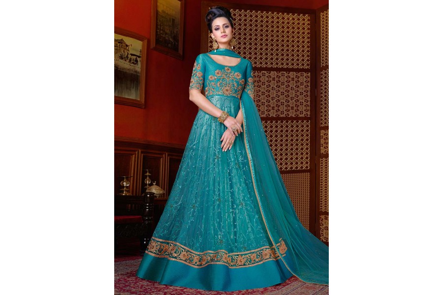 Excellent Dark Blue Net Wedding Wear Anarkali Dress