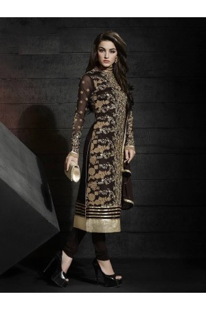 Brown color net party wear straight cut salwar kameez