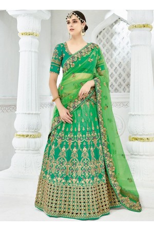 Green satin silk green wedding lehenga choli 1301