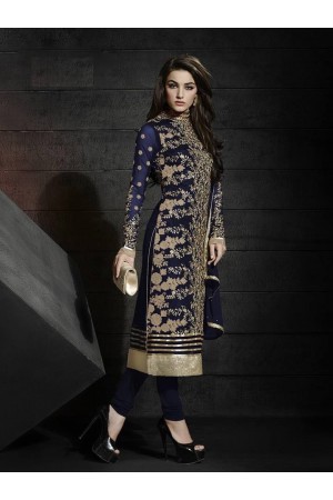 Navy blue color net party wear straight cut salwar kameez