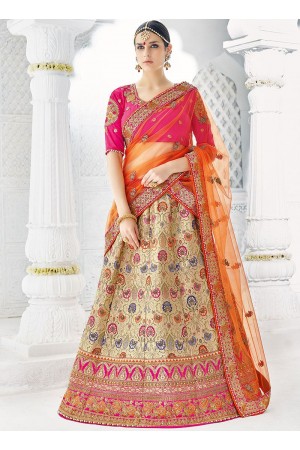 Offwhite orange pink silk wedding lehenga choli 1303