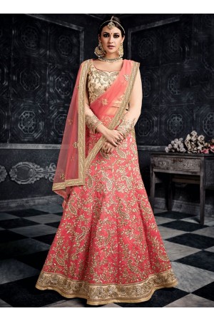 Peach color australian silk wedding lehenga choli 3001