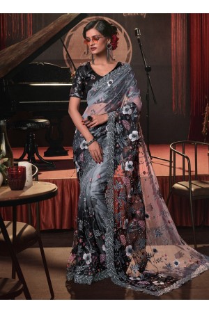 Digital Net Cut Dana Saree in Grey to Black shaded Color 6808